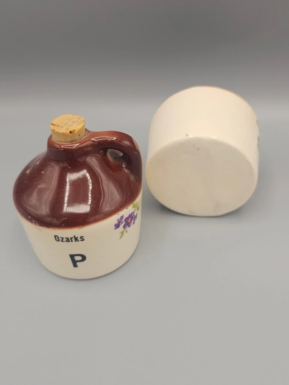 Vintage Ozarks Ceramic Salt and Pepper Shakers with Cork Stoppers